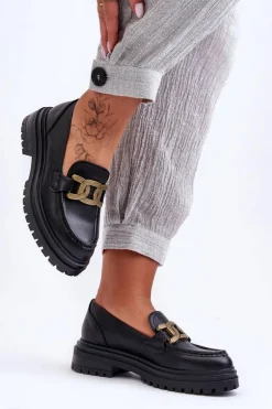 Mokasyny Damskie Na Platformie Z Ozdobą Czarne Ameg