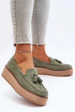 Mokasyny Damskie Na Platformie Z Frędzlami Zielone Mialani