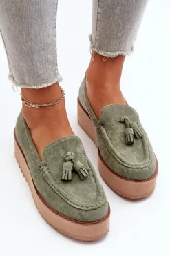 Mokasyny Damskie Na Platformie Z Frędzlami Zielone Mialani