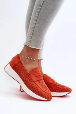 Mokasyny Damskie Na Platformie Eko Zamszowe Pomarańczowe Inesqua