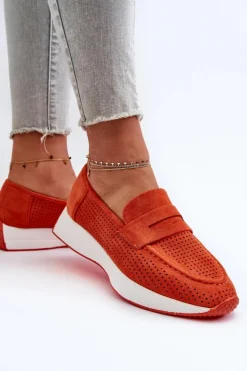 Mokasyny Damskie Na Platformie Eko Zamszowe Pomarańczowe Inesqua