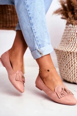 Mokasyny Damskie Różowe Lordsy Frędzle Therese