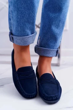Mokasyny Damskie Skóra Zamszowa Granatowe Tenzion