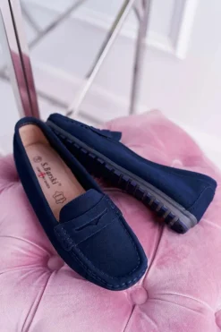 Mokasyny Damskie Skóra Zamszowa Granatowe Tenzion