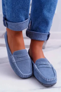 Mokasyny Damskie Skóra Zamszowa Błękitne Tenzion