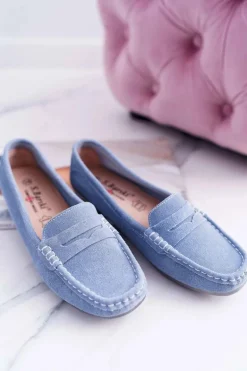 Mokasyny Damskie Skóra Zamszowa Błękitne Tenzion