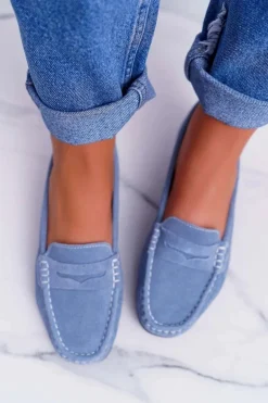 Mokasyny Damskie Skóra Zamszowa Błękitne Tenzion