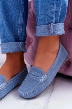 Mokasyny Damskie Skóra Zamszowa Błękitne Tenzion