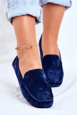 Mokasyny Damskie Skóra Zamsz Niebieskie Papito
