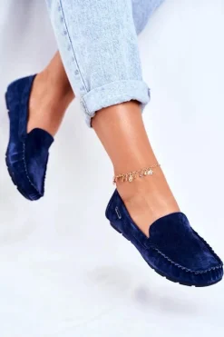 Mokasyny Damskie Skóra Zamsz Niebieskie Papito