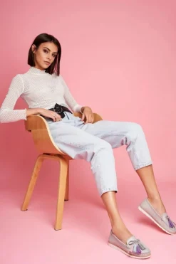 Mokasyny Damskie Skórzane Szare Bebbo