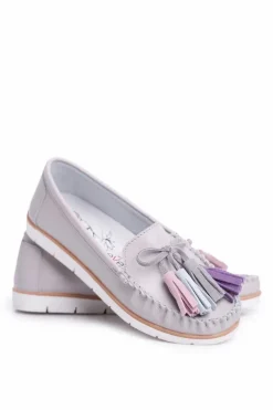 Mokasyny Damskie Skórzane Szare Bebbo