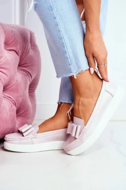 Mokasyny Damskie Skórzane Różowe Lovren