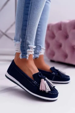 Mokasyny Damskie Skórzane Zamszowe Z Frędzlami Granatowe Batist