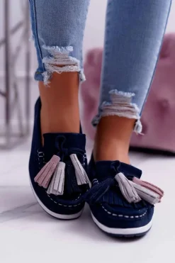 Mokasyny Damskie Skórzane Zamszowe Z Frędzlami Granatowe Batist