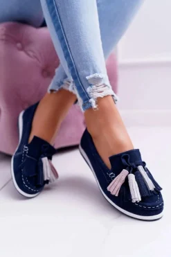 Mokasyny Damskie Skórzane Zamszowe Z Frędzlami Granatowe Batist