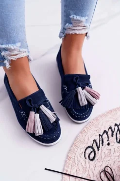 Mokasyny Damskie Skórzane Zamszowe Z Frędzlami Granatowe Batist