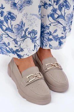 Mokasyny Damskie Skórzane Ze Złotym Detalem Vinceza 88007 Ciemnobeżowe