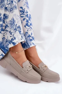 Mokasyny Damskie Skórzane Ze Złotym Detalem Vinceza 88007 Ciemnobeżowe