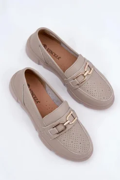 Mokasyny Damskie Skórzane Ze Złotym Detalem Vinceza 88007 Ciemnobeżowe