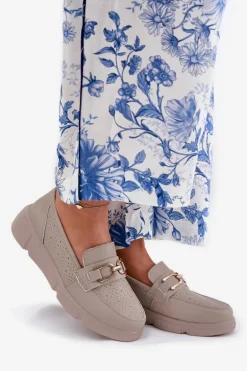 Mokasyny Damskie Skórzane Ze Złotym Detalem Vinceza 88007 Ciemnobeżowe