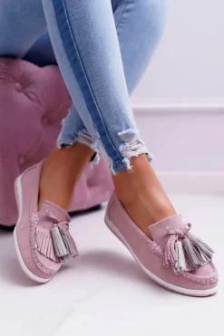 Mokasyny Damskie Skórzane Zamszowe Z Frędzlami Różowe Batist