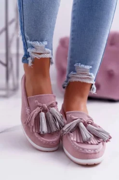 Mokasyny Damskie Skórzane Zamszowe Z Frędzlami Różowe Batist