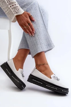 Mokasyny Damskie Skórzane Na Platformie S.Barski LR400 Białe