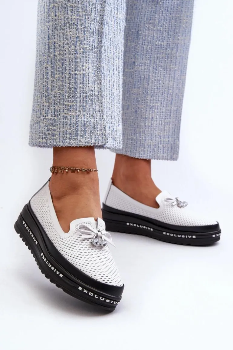 Mokasyny Damskie Skórzane Na Platformie S.Barski LR400 Białe