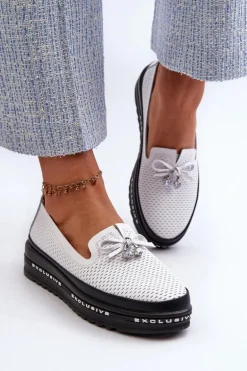 Mokasyny Damskie Skórzane Na Platformie S.Barski LR400 Białe