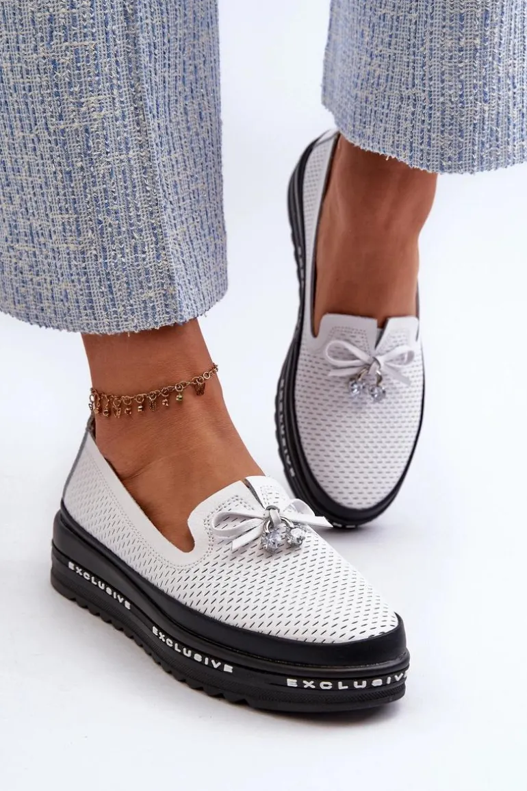 Mokasyny Damskie Skórzane Na Platformie S.Barski LR400 Białe