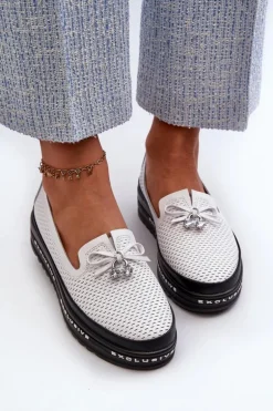 Mokasyny Damskie Skórzane Na Platformie S.Barski LR400 Białe