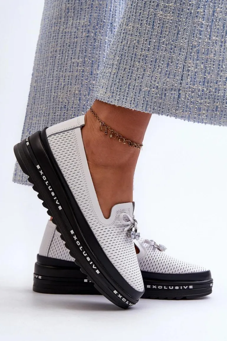 Mokasyny Damskie Skórzane Na Platformie S.Barski LR400 Białe