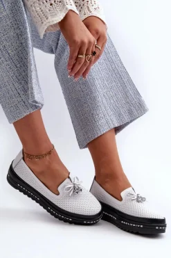 Mokasyny Damskie Skórzane Na Platformie S.Barski LR400 Białe