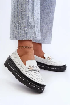 Mokasyny Damskie Skórzane Na Platformie Z Łańcuchem S.Barski LR618 Białe