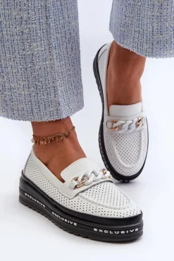 Mokasyny Damskie Skórzane Na Platformie Z Łańcuchem S.Barski LR618 Białe