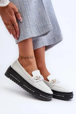 Mokasyny Damskie Skórzane Na Platformie Z Łańcuchem S.Barski LR618 Białe