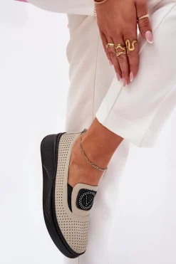 Mokasyny Damskie Skórzane Na Platformie I Koturnie Vinceza 79522 Beżowe