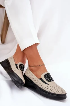 Mokasyny Damskie Skórzane Na Platformie I Koturnie Vinceza 79522 Beżowe