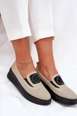 Mokasyny Damskie Skórzane Na Platformie I Koturnie Vinceza 79522 Beżowe