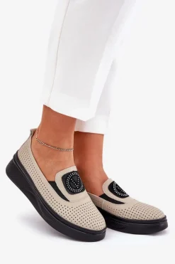 Mokasyny Damskie Skórzane Na Platformie I Koturnie Vinceza 79522 Beżowe