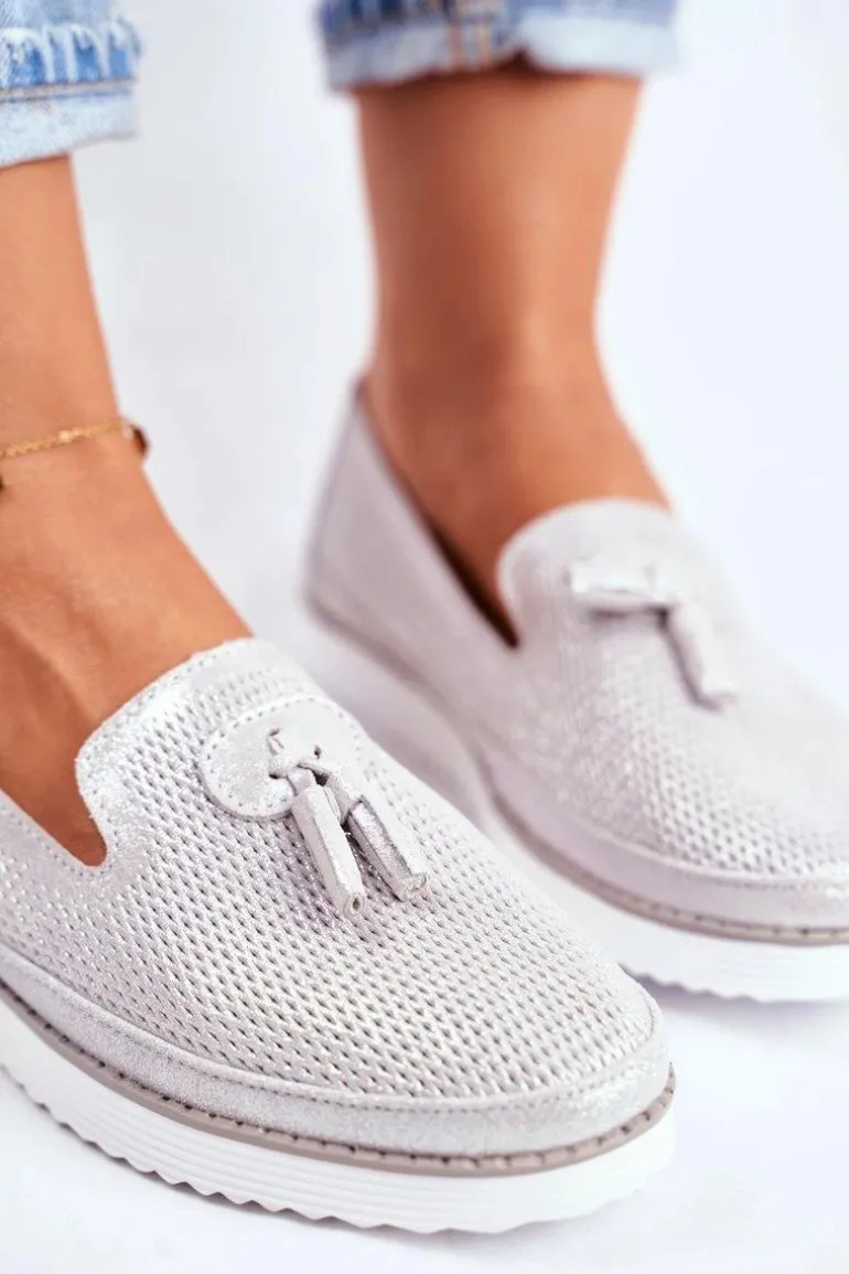 Mokasyny Damskie Skórzane Srebrne Amore Mio