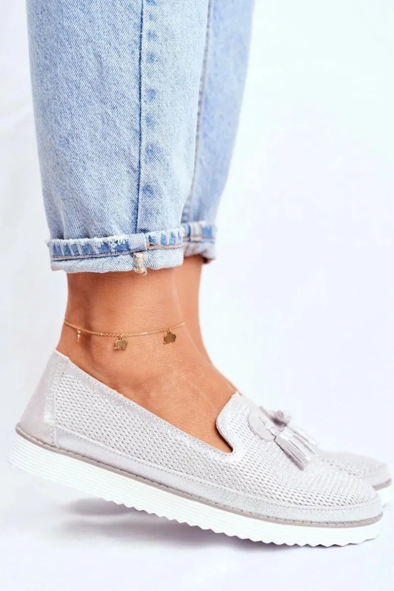 Mokasyny Damskie Skórzane Srebrne Amore Mio