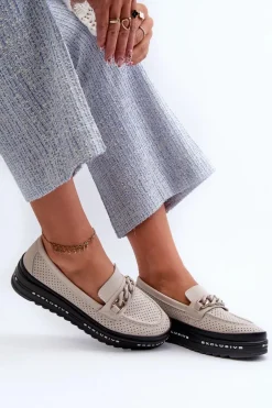 Mokasyny Damskie Skórzane Na Platformie Z Łańcuchem S.Barski LR618 Beżowe