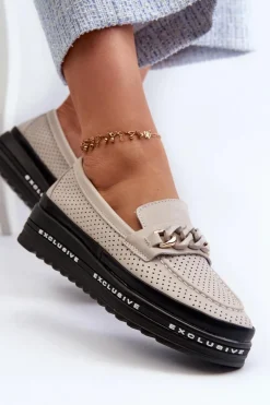 Mokasyny Damskie Skórzane Na Platformie Z Łańcuchem S.Barski LR618 Beżowe