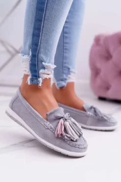 Mokasyny Damskie Skórzane Zamszowe Z Frędzlami Szare Batist