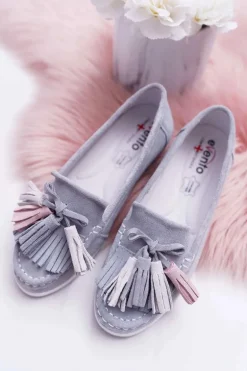 Mokasyny Damskie Skórzane Zamszowe Z Frędzlami Szare Batist