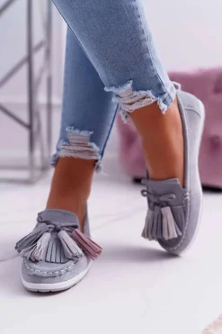 Mokasyny Damskie Skórzane Zamszowe Z Frędzlami Szare Batist