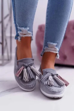 Mokasyny Damskie Skórzane Zamszowe Z Frędzlami Szare Batist