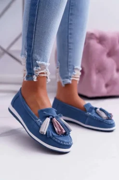 Mokasyny Damskie Skórzane Zamszowe Z Frędzlami Niebieskie Batist